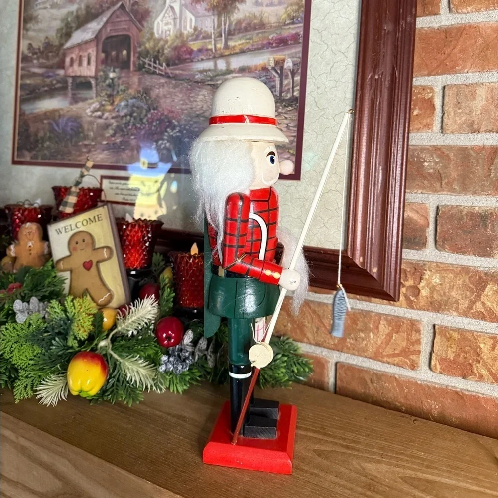 Vintage 1984 Solid Wood Hand Carved Nut Cracker going fishing Home Decor